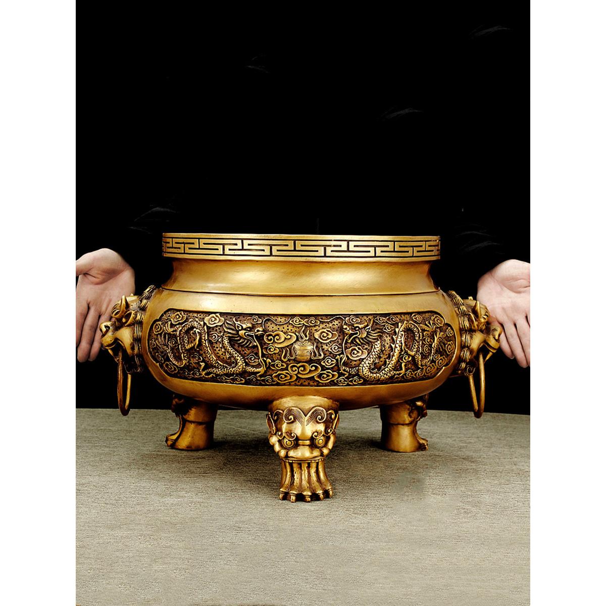 铜香炉黄铜家用龙戏珠祠堂特大号寺院供奉双龙鼎寺庙香炉佛具复古