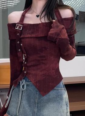 早春上新设计感一字肩扎染长袖收腰遮肉显瘦气质甜美风上衣DM6500