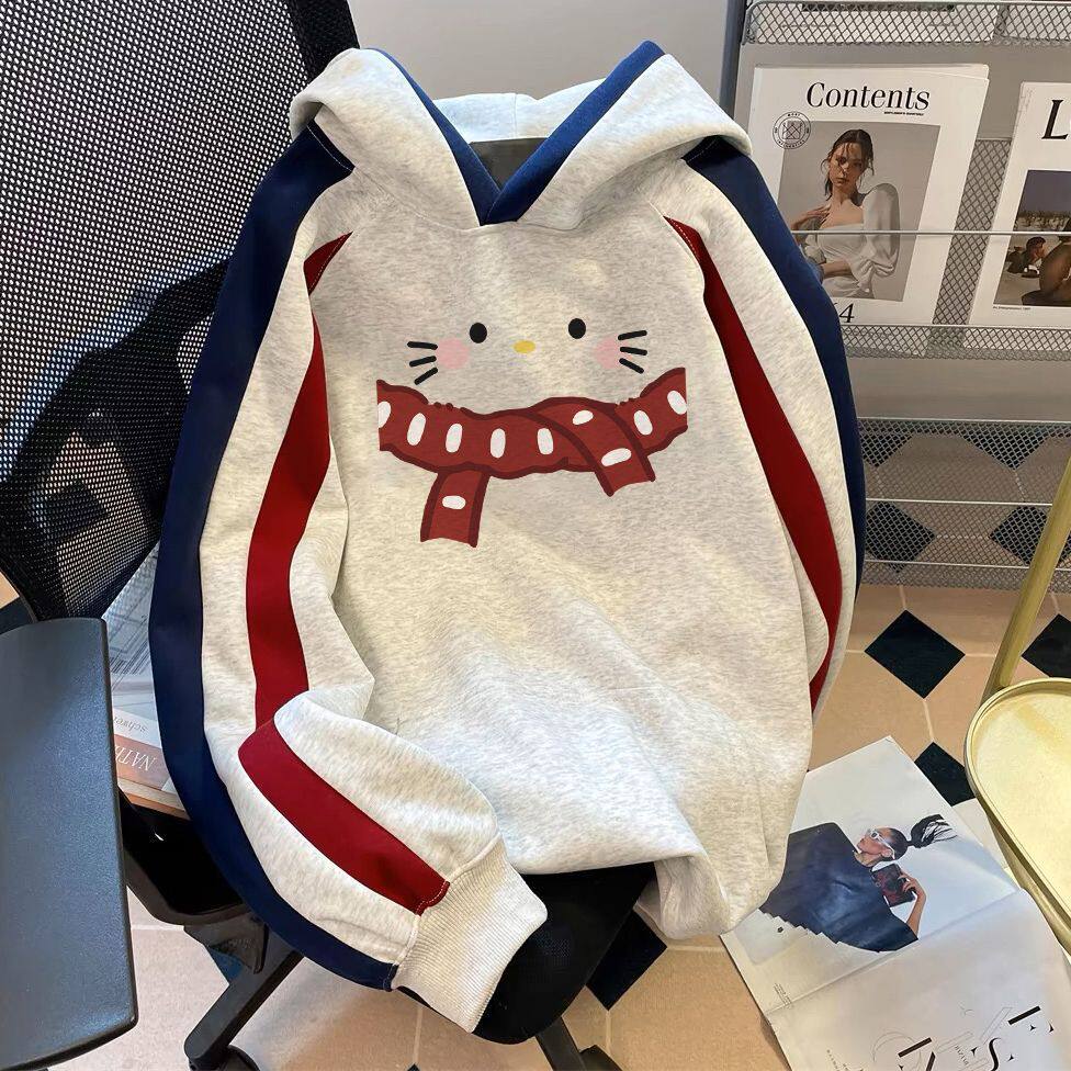 100%重磅纯棉连帽卫衣女加绒加厚美式复古拼接宽松慵懒学生外套潮