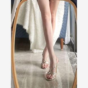 金色绑带高跟鞋女2023年今年新款夏季一字带细跟气质名媛女士凉鞋