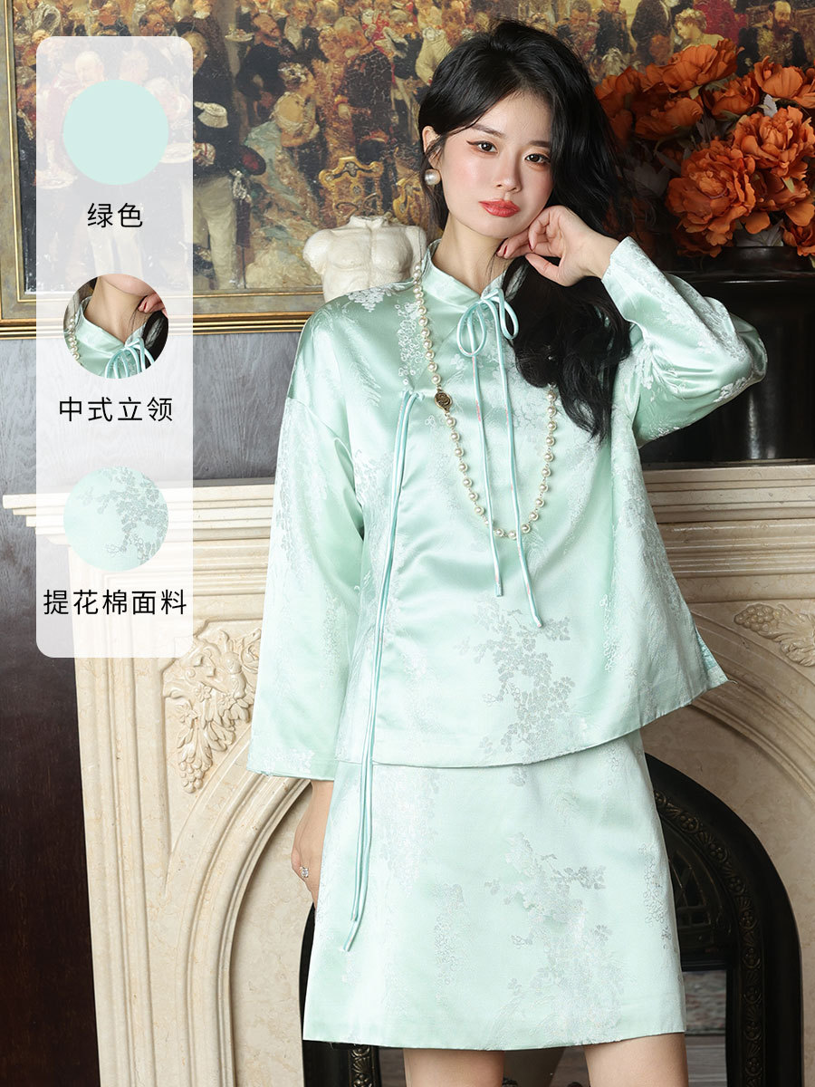 2025春季新品中式女装改良国风唐装上衣半身裙提花时尚复古套装