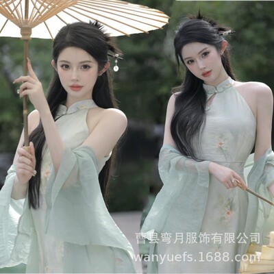 新中式挂脖改良旗袍高级感套装