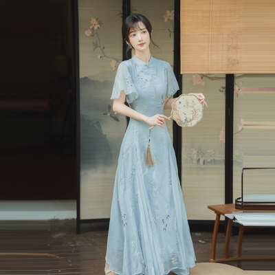 6410#实拍现货 青山如黛 刺绣露背设计感旗袍连衣裙 控价+40