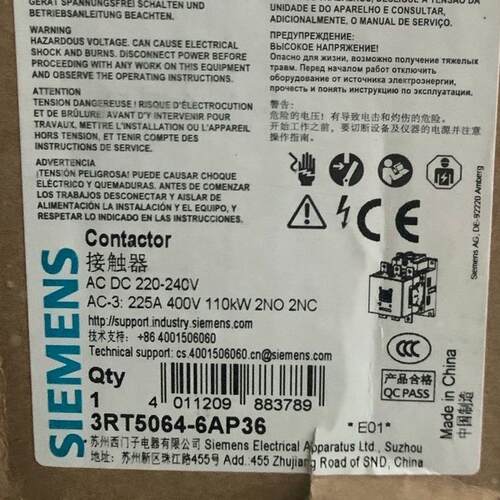 3RT5064-6AP36 接触器 AC DC 220-240V 225A 400V 110kW议价维修