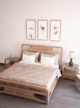 新米中式OBI木床1.8米双人床1.榆5民宿白酒店蜡木床古典主卧实木