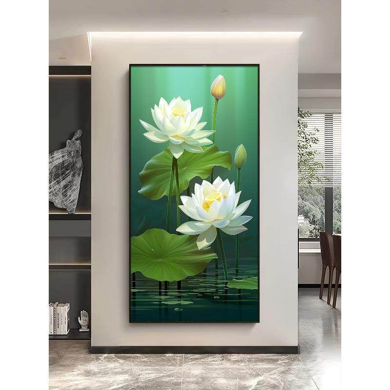 荷气生财走廊挂画玄关装客画厅简饰约QY44242Q高档镶钻带灯过道荷