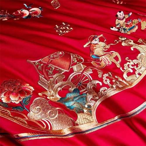 HYF-2025棉绒棉婚庆纯棉刺绣件套婚嫁大红色喜长被结婚床全上用四