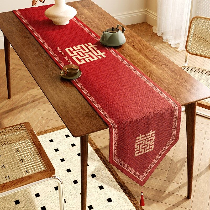 速发结婚桌旗防水盖桌布红色喜字麻感布艺电视机餐斗柜五布三角茶