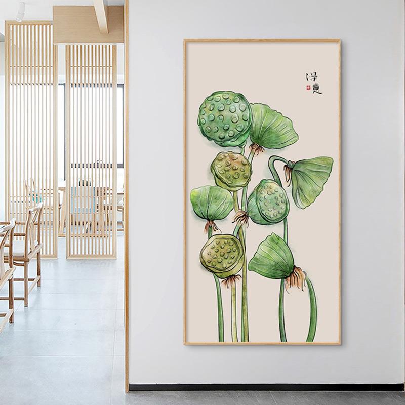 新中式玄关装饰画古风禅意入户过道画日式原木风荷花莲蓬茶室挂画图片