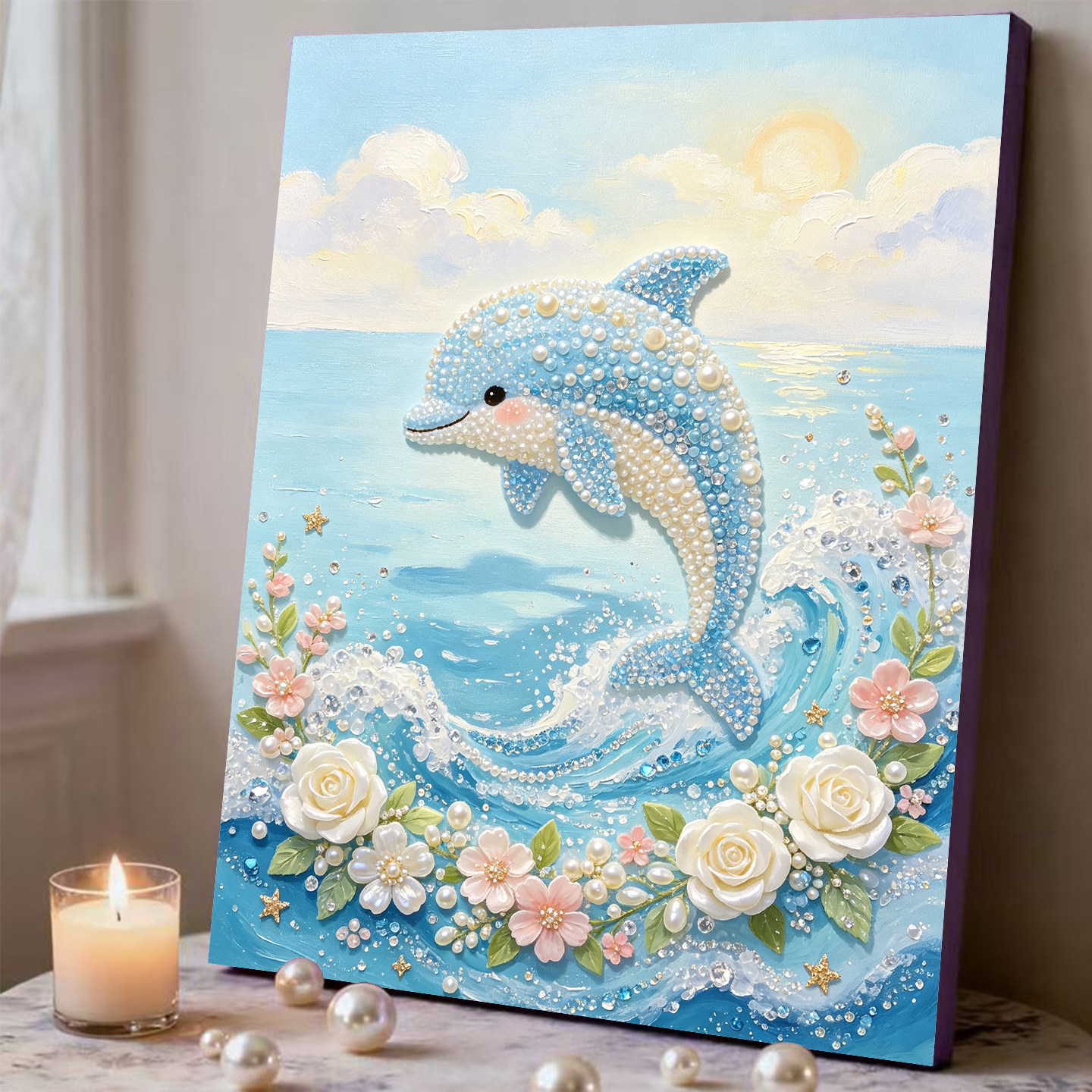 2026新款珍珠画海豚踏浪DIY手工钻石贴画高级材料客厅装饰画摆件