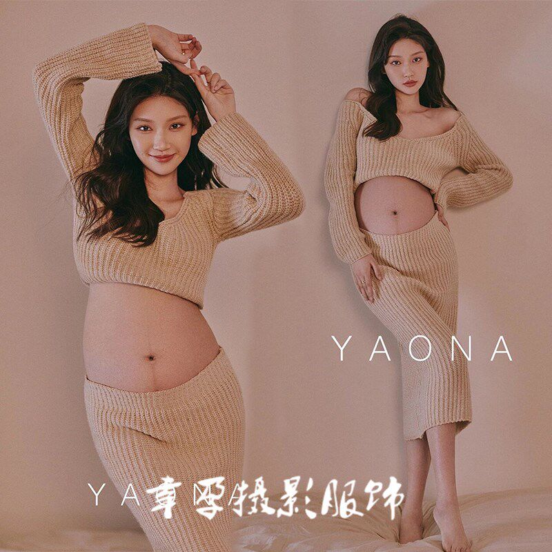 速发性楼孕妇照服装新款孕妈大针肚织套装影感居家摄影艺术照服饰