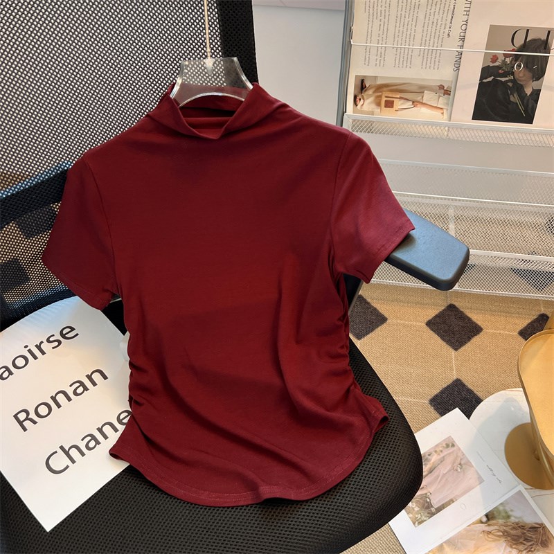 速发半高领t恤春紧款内上短身打底衫正肩红色搭衣收腰褶皱