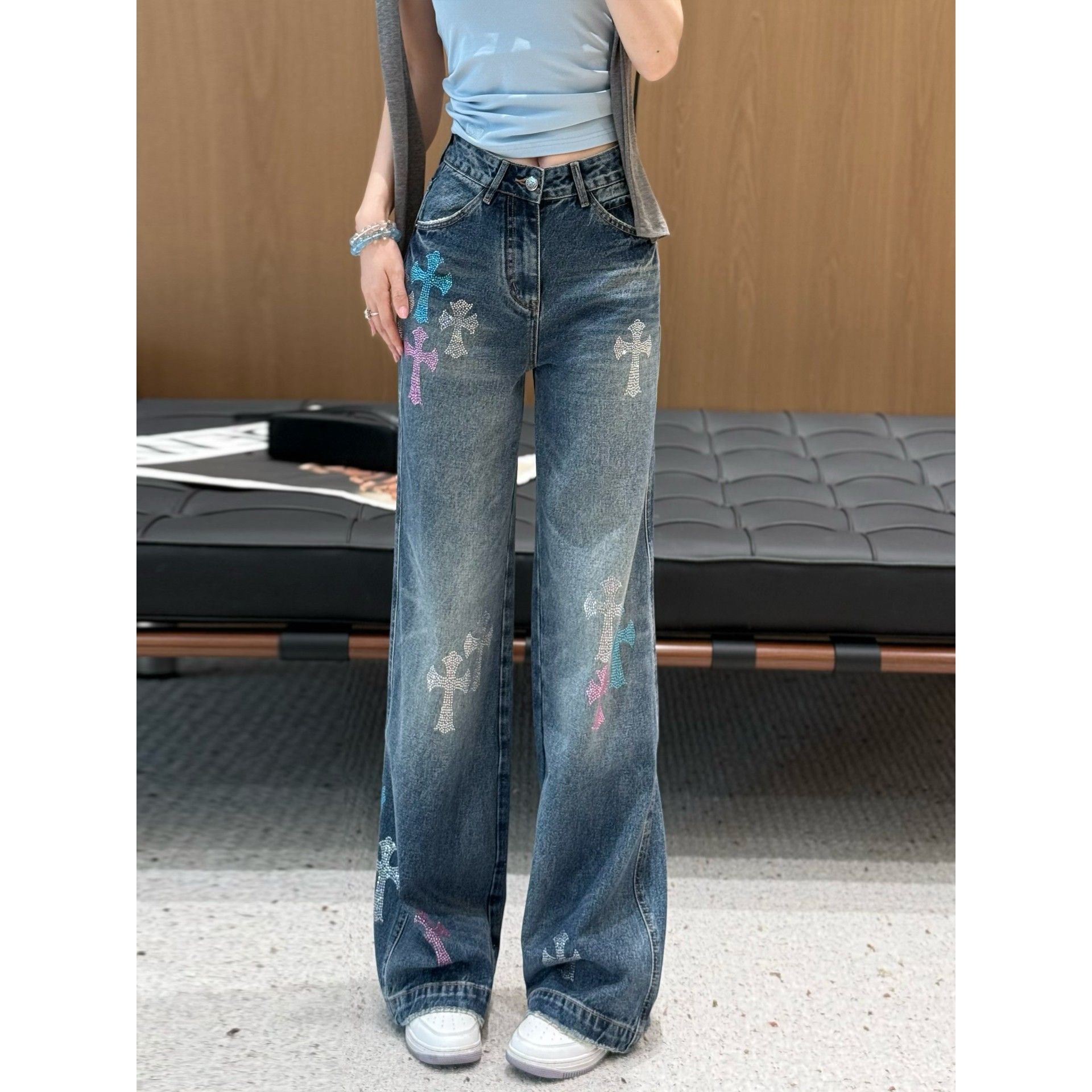 Anran kiss高级感十字架烫钻牛仔裤女25秋季新款高腰直筒阔腿长裤