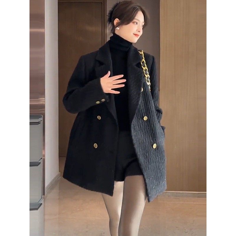 日本代购黑色小香风毛呢西装外套女秋冬季高级感气质夹棉呢子大衣