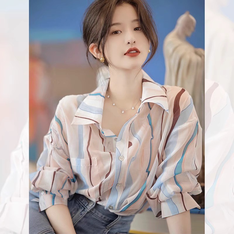 华来阿玛施特2025新款夏季小众条纹印花薄款高级感独特气质衬衫女