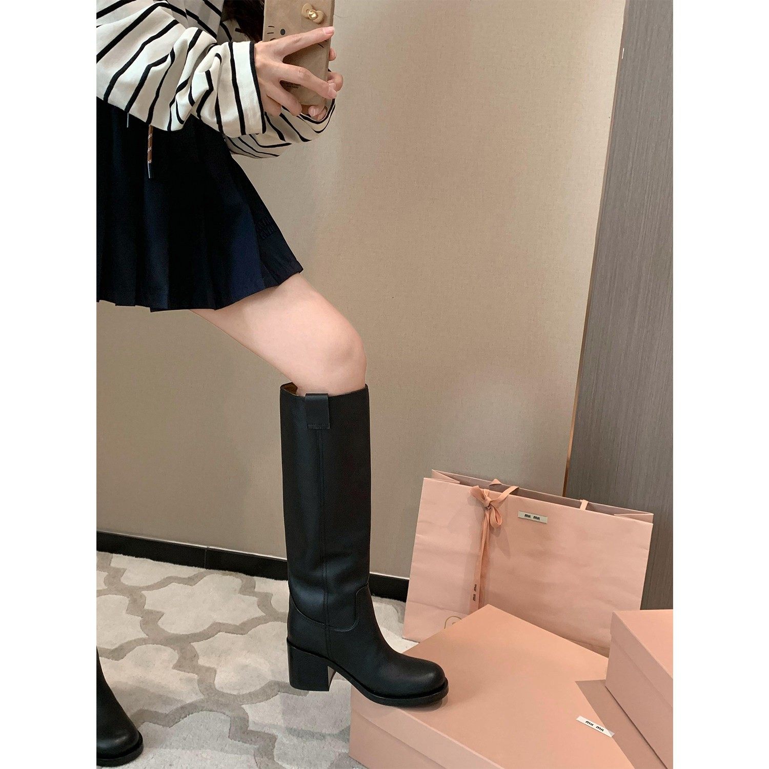 【benenfanfan】里外全皮厚底粗跟高跟7cm不过膝长靴直筒骑士靴,女鞋,时装靴,淘宝优惠券,粉丝福利购,淘宝优惠卷