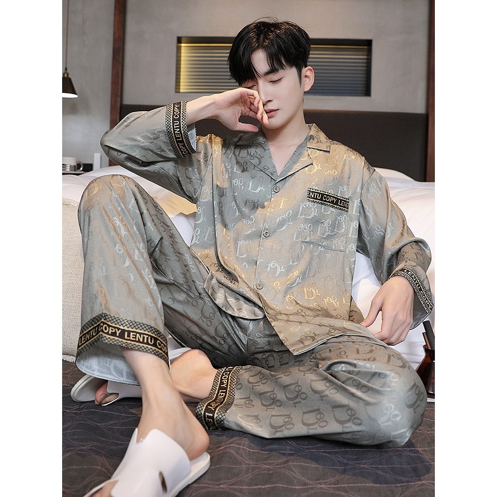 维多利亚轻奢睡衣男春秋款真丝男士夏季青少年大码薄款家居服套装