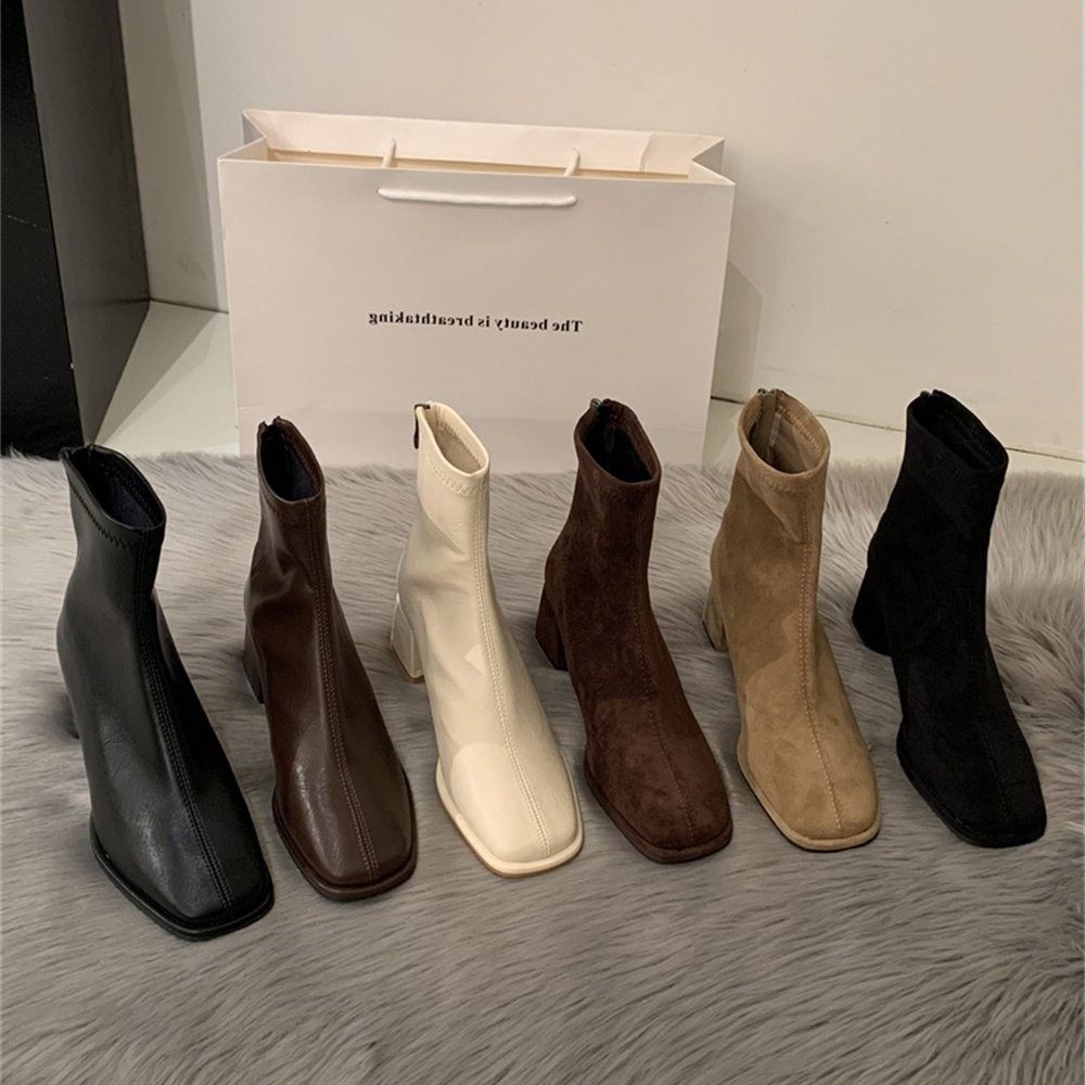 香港加绒高跟短靴女秋冬季2025新款方头软皮韩系时尚后拉链瘦瘦靴,女鞋,时装靴,淘宝优惠券,粉丝福利购,淘宝优惠卷