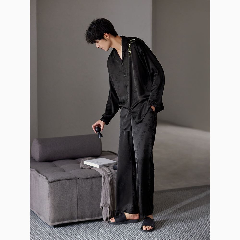 维多利亚睡衣男士春秋款真丝高档长袖家居服桑蚕丝薄款中国风套装