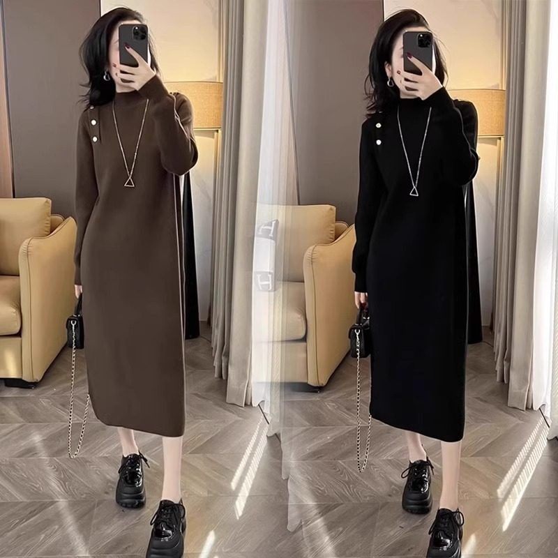 欧洲站半高领配大衣针织连衣裙秋冬2025新款法式气质宽松内搭长裙,女装/女士精品,连衣裙,淘宝优惠券,粉丝福利购,淘宝优惠卷