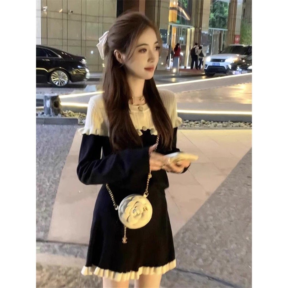 欧洲站秋季新款减龄显高小个子针织衫小香风公主裙韩剧套装连衣裙