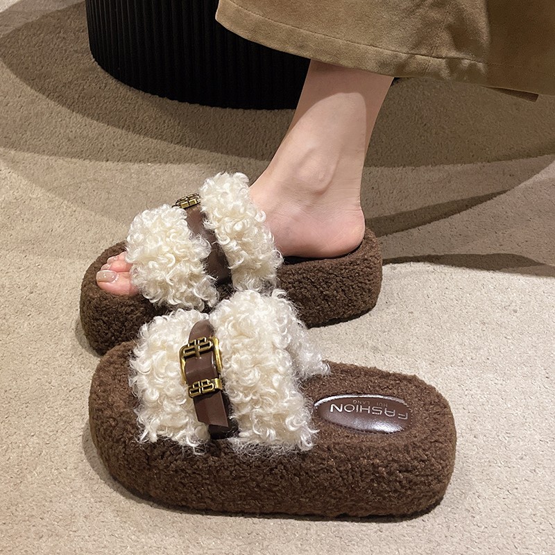 Mostarsea 巨显腿长~ 毛毛拖鞋女外穿2025新款秋冬时尚厚底棉拖鞋