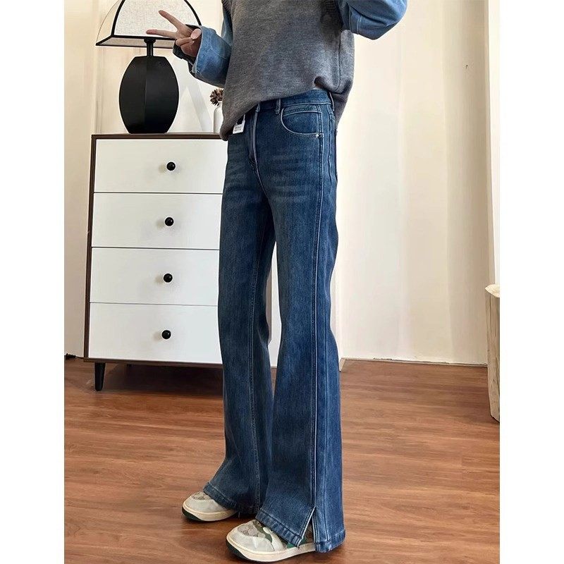 蓝色高腰开叉微喇牛仔裤女2025新款大码胖mm显瘦弹力小个子喇叭裤,女装/女士精品,牛仔裤,淘宝优惠券,粉丝福利购,淘宝优惠卷