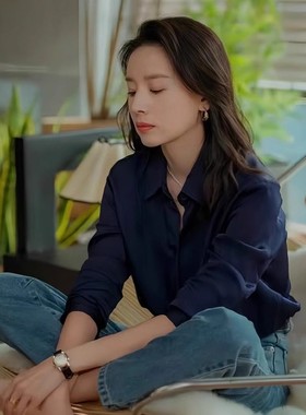 法国Rixo Kelly藏蓝色衬衫女设计感小众穿上衣长袖高级感缎面衬衣