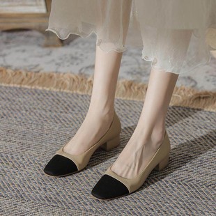 店主自留新款~羊皮低跟单鞋女春秋法式中跟浅口方头粗跟高跟鞋