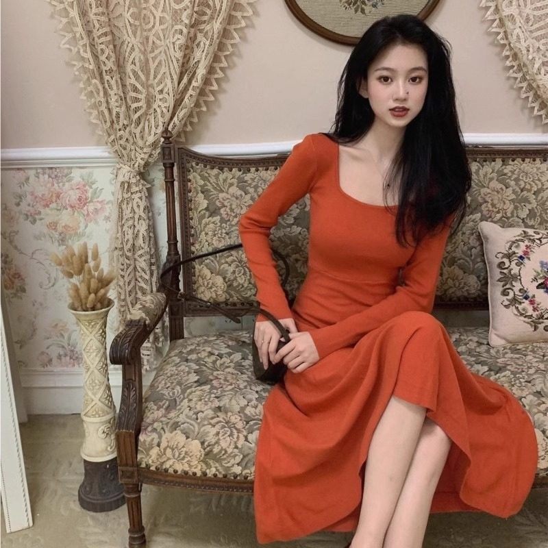 欧洲站2024年秋冬季法式气质方领针织连衣裙女修身内搭打底毛衣裙,女装/女士精品,连衣裙,淘宝优惠券,粉丝福利购,淘宝优惠卷