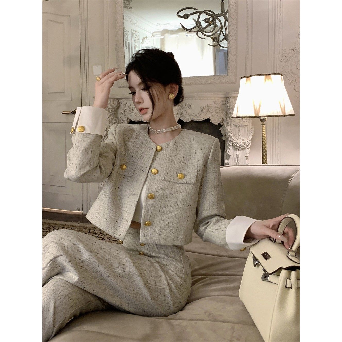 韩国2024冬新款高级感小香风阔腿裤套装女法式外套长裤时尚两件套,女装/女士精品,时尚套装,淘宝优惠券,粉丝福利购,淘宝优惠卷