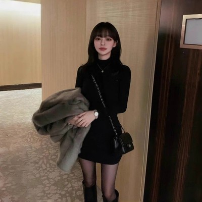 欧洲站打底配大衣连衣裙2025新款女秋冬季小个子气质黑色包臀裙子