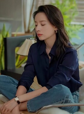 法国Rixo Kelly藏蓝色衬衫女设计感小众穿上衣长袖高级感缎面衬衣