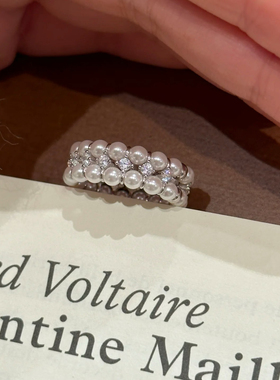 S925纯银双排珍珠戒指施家珍珠小众法式高级感弹力绳指环个性戒指