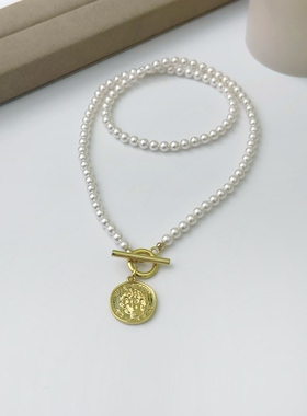 复古金币OT扣baby珠项链小众设计高级感珍珠项链百搭时尚锁骨链