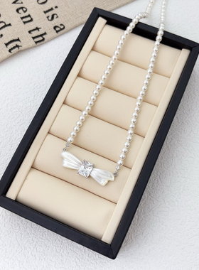 几朵家/甜心蝴蝶 气质方糖贝母蝴蝶结珍珠项链小众优雅项链锁骨链