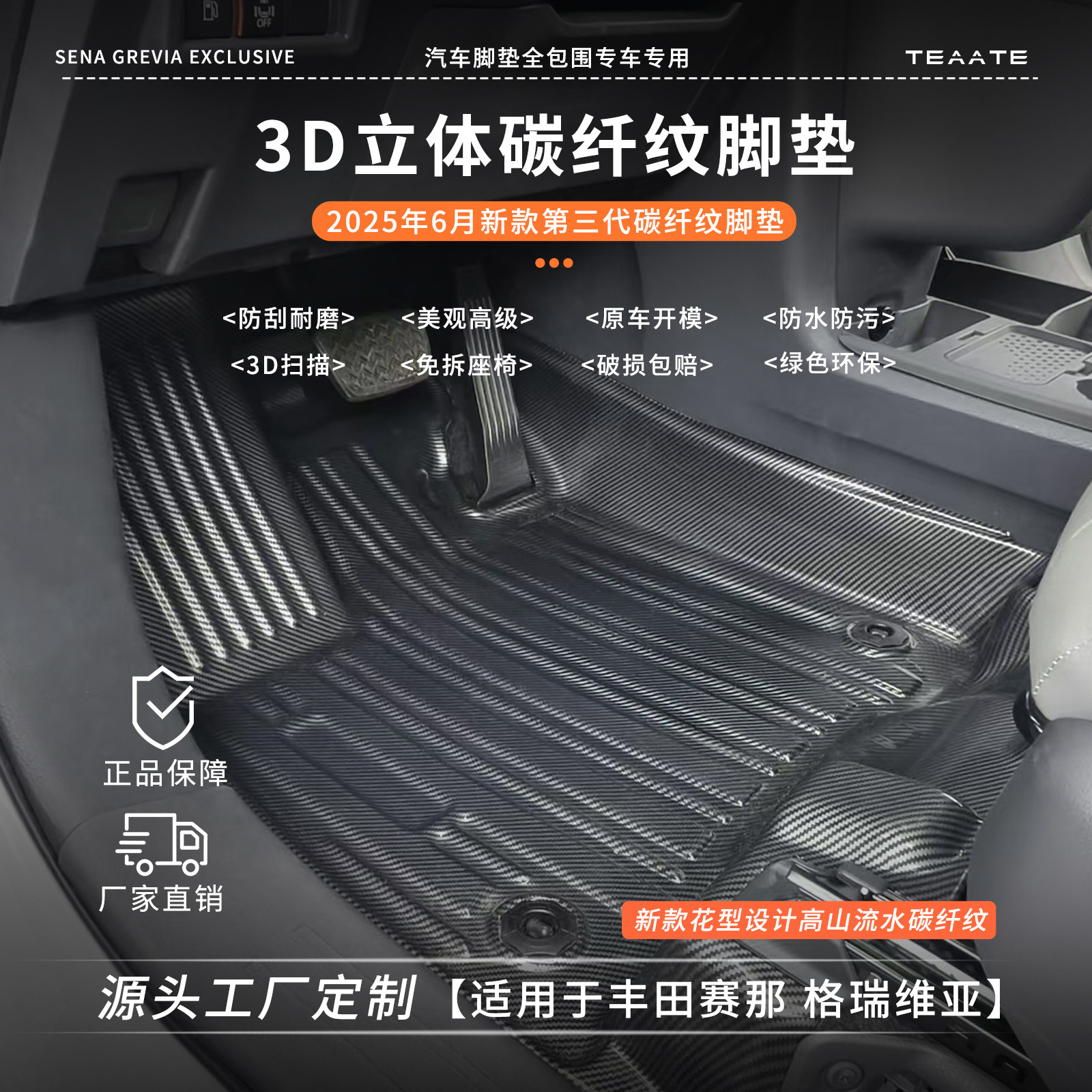 适用于丰田赛那格瑞维亚主副驾TPE碳纤纹大包围脚垫防水防污