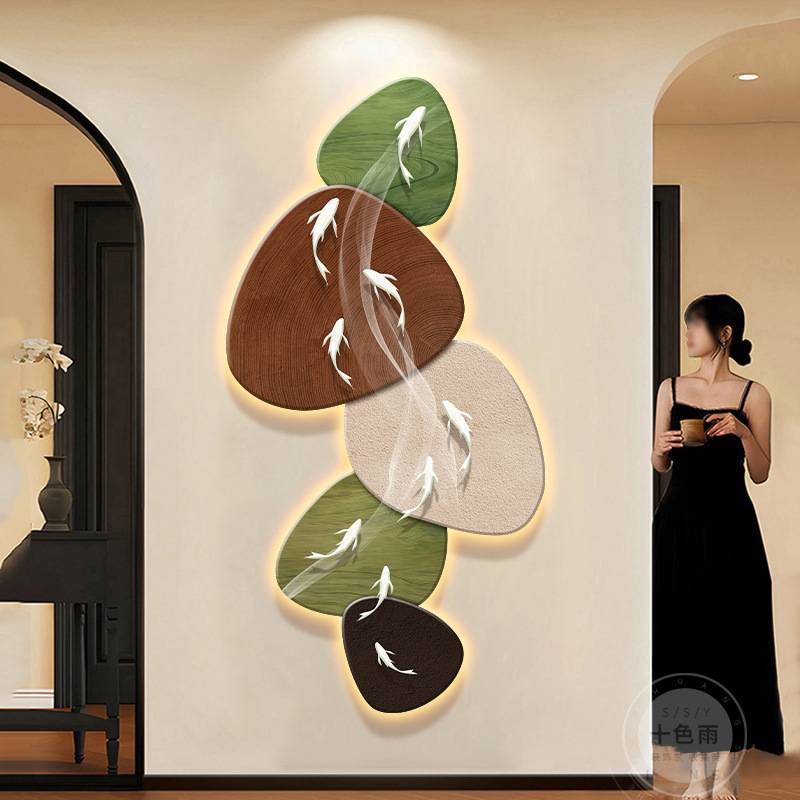 中古风九鱼图玄关装饰画入户正对门挂画感客厅壁灯画