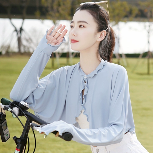 夏季骑电动车防紫外线连体袖套防晒衣女开车手臂遮阳冰丝带袖披肩