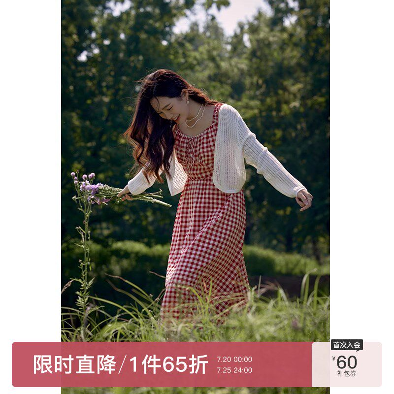 速发大码装法式度假风绑带格纹夏装连衣裙复古风带吊长中款裙