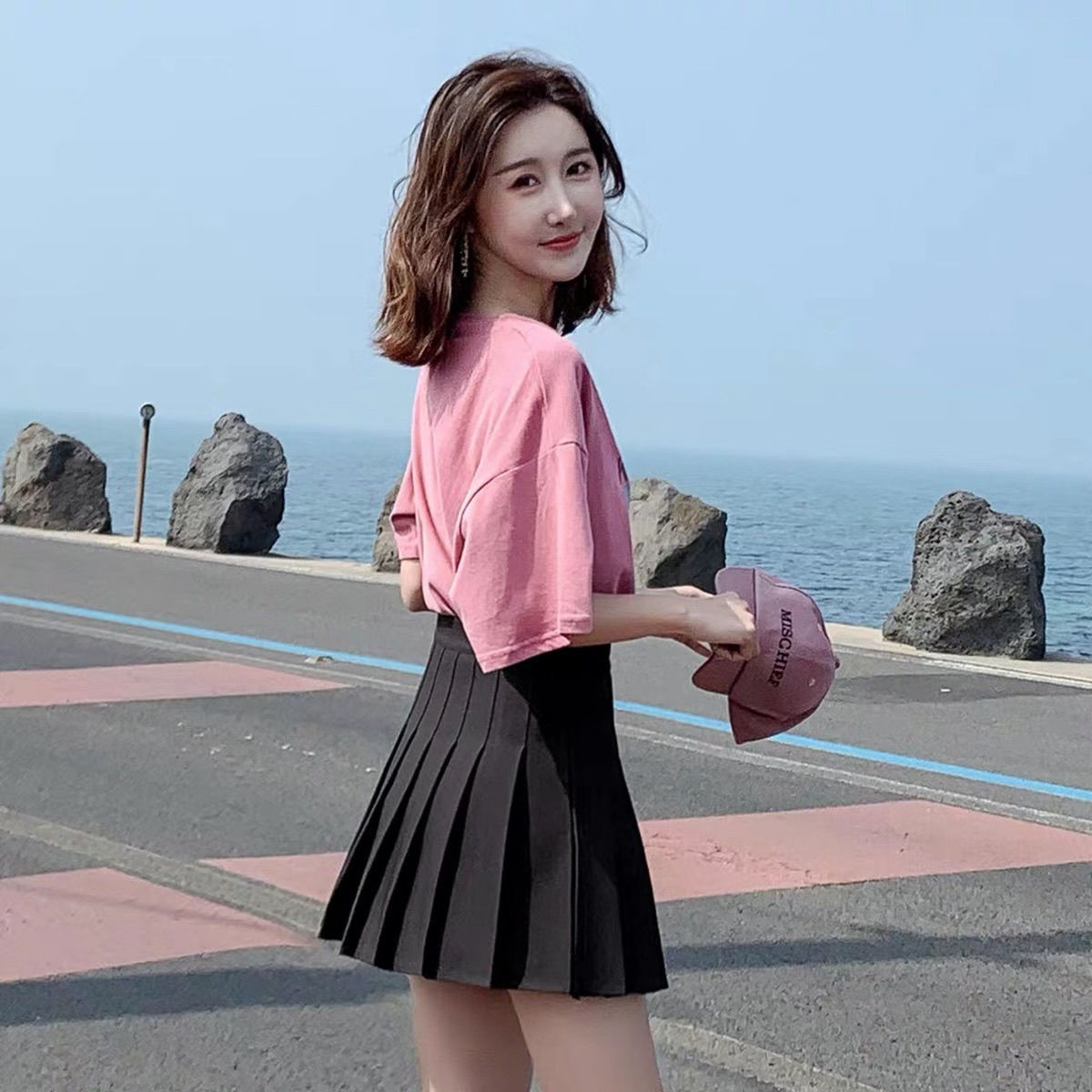 松紧腰美式百褶裙夏季女jk弹力短裙子防走光学生学院风显瘦半身裙