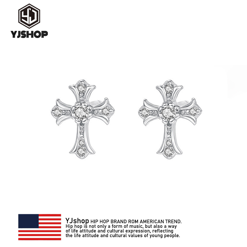 S925银十字架耳钉男女满钻