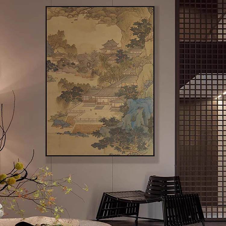 仙山楼阁新中式玄关画走廊茶过挂古典风景壁画GVR书房室道竖版装