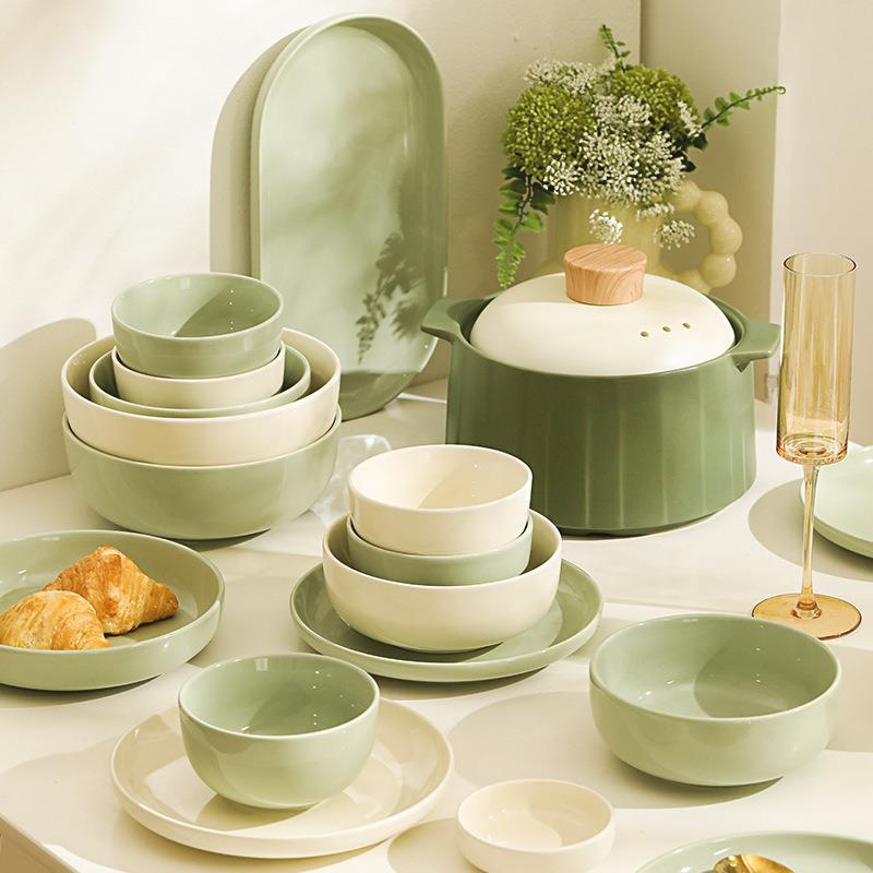 X餐^釉F97S89H8彩2具碗盘套装家用025新款奶油风陶瓷碗筷盘下子组