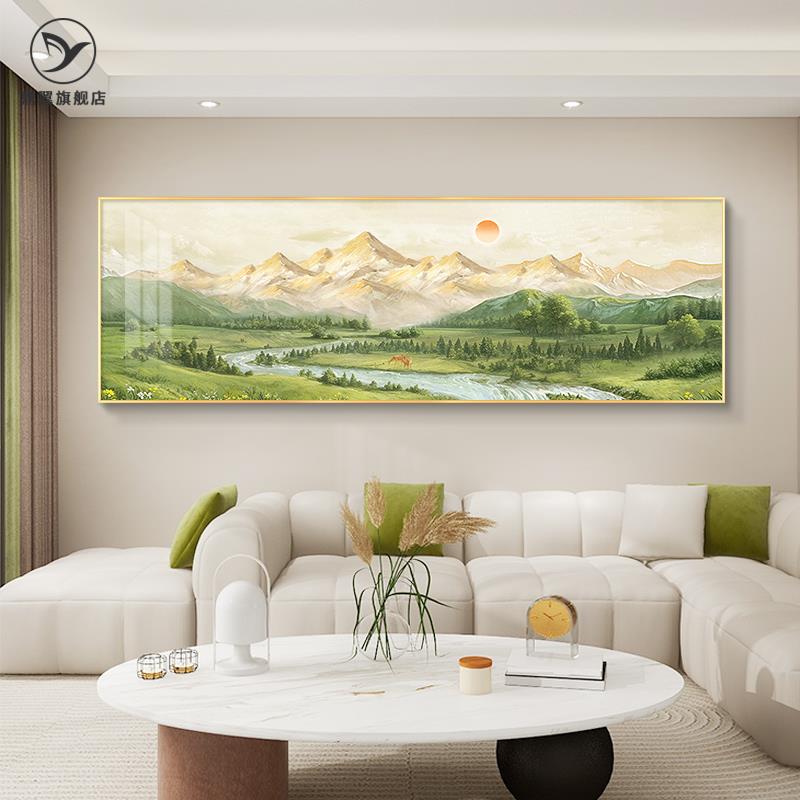 沙发日照山水挂画现代风客厅油画装饰画简约金山奶油背景墙风景图片