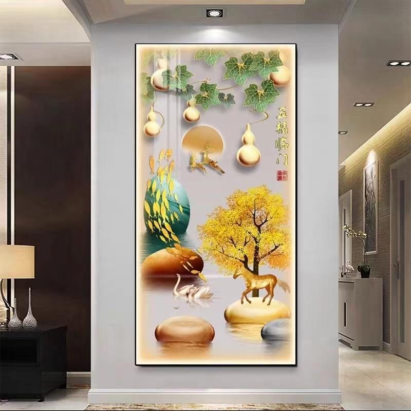 LED灯发财树玄关装饰画现代简约入户门走廊过道挂画高端大气壁画图片