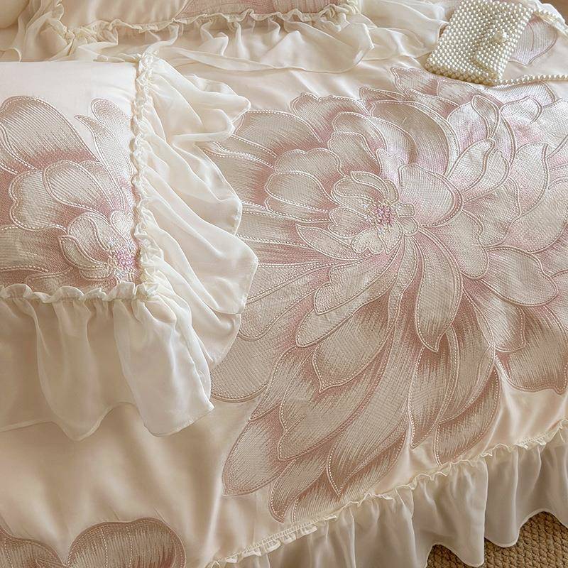 法式浪蕾丝边120支花长绒棉重工IBH绣奶油公主漫风全刺棉纯棉被套