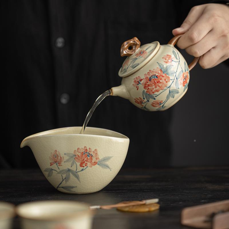 泥人述汝窑绘蓉花茶壶660下釉彩大容量复古芙手单个高档品壶梨形