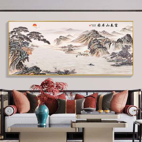 新中式客厅挂办画山水聚财装饰画靠山DGY图水画公迎室山壁画客松