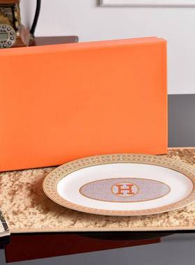 欧12寸椭圆鱼盘H家边金SNE结婚送礼酒店骨瓷上菜式形盘马赛克盘